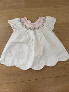 Fantasie White Baby Dress with Pink Smocking and Green Embroidery